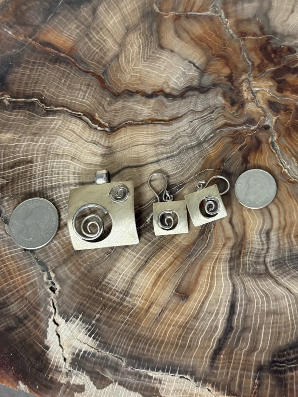 Set/2 Sterling Silver Swirl Square Pendant/ Earrings